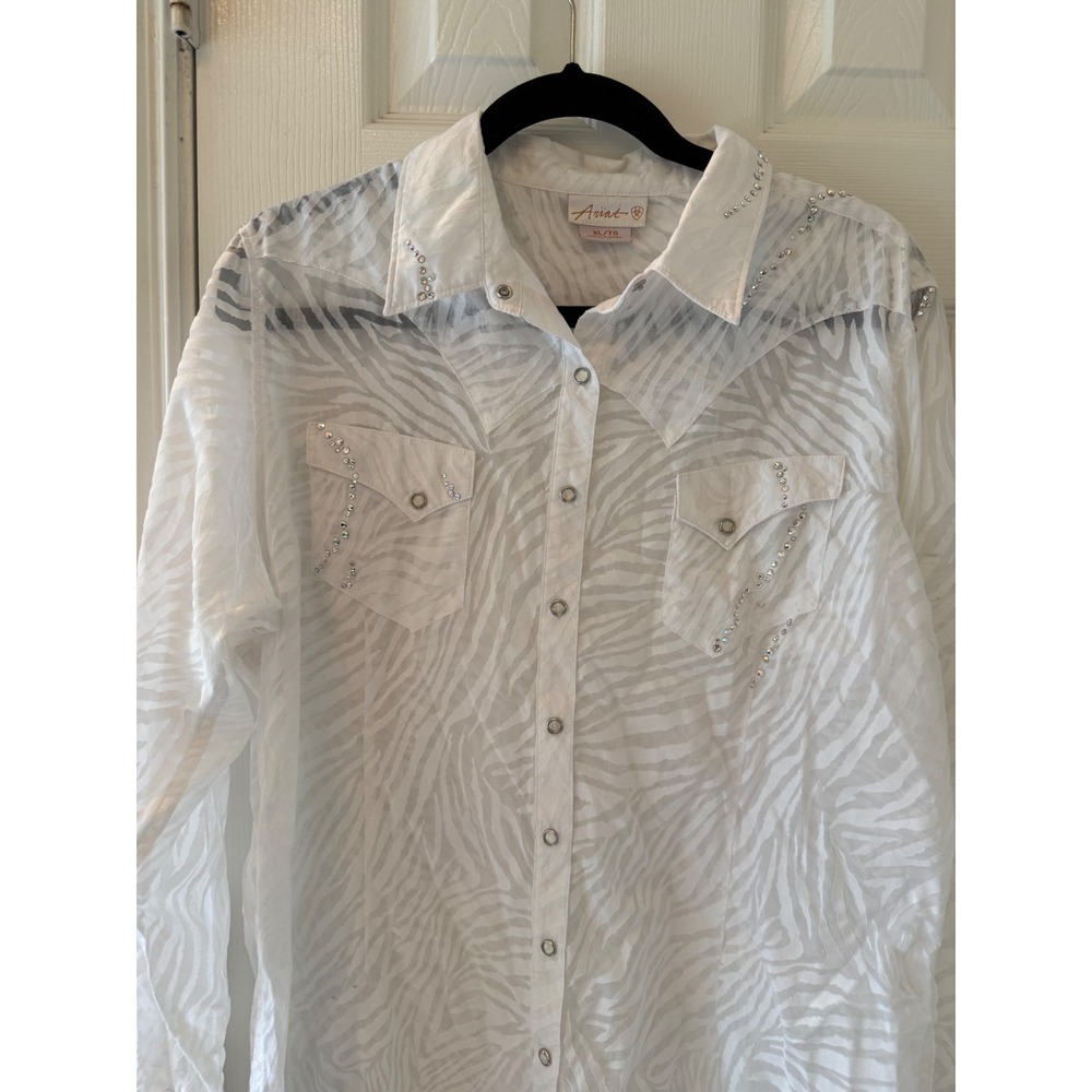 Ariat Western Snap Shirt XL Sheer Zebra Rhinestone Cowgirl Top - Picture 3 of 9